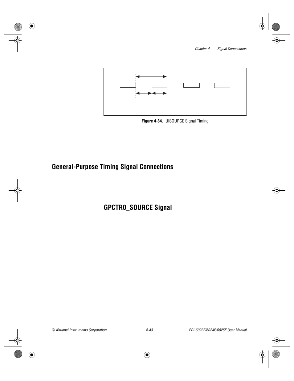 Generalpurpose timing signal connections, Gpctr0_source signal, Figure 4-34. uisource signal timing | General-purpose timing signal connections -43, Gpctr0_source signal -43, Figure 4-34, Uisource signal timing -43, Plained in the, General-purpose, Timing signal connections | National Instruments PCI-6023E User Manual | Page 72 / 132