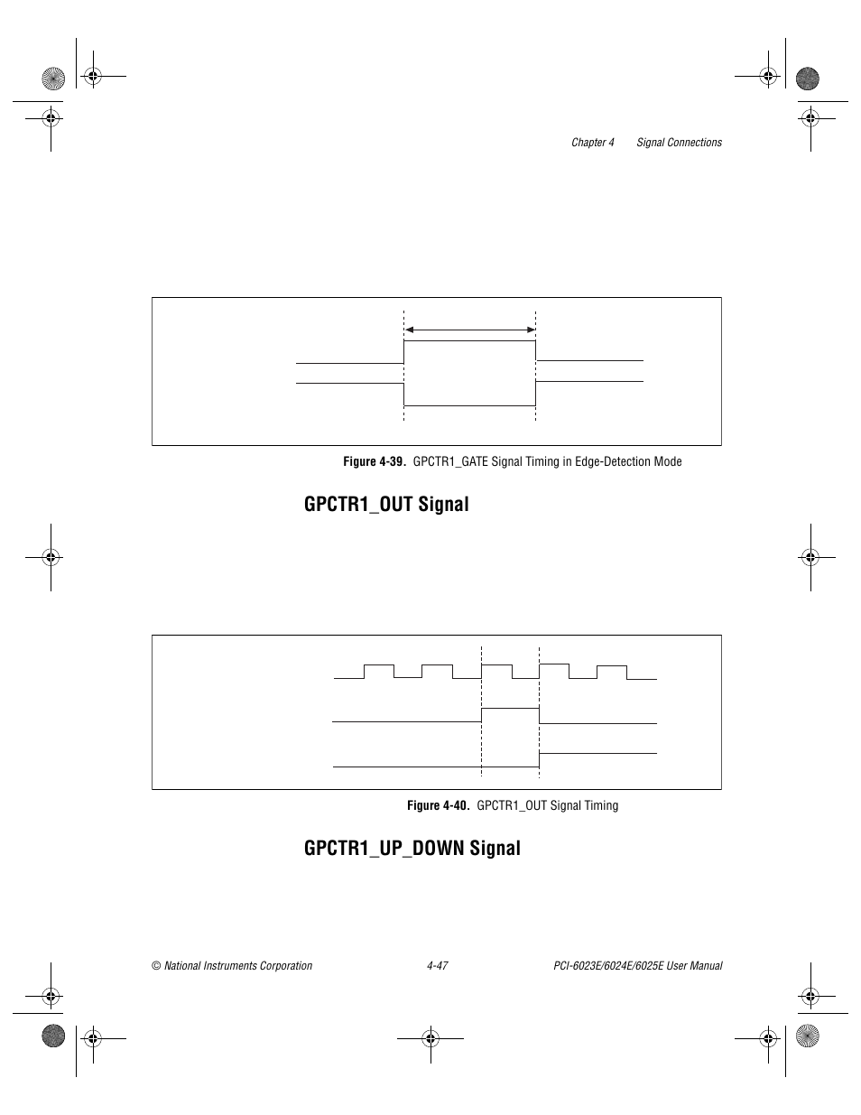 Gpctr1_out signal, Gpctr1_up_down signal, Figure 4-40. gpctr1_out signal timing | Gpctr1_out signal -47 gpctr1_up_down signal -47, Figure 4-39, Figure 4-40, Gpctr1_out signal timing -47 | National Instruments PCI-6023E User Manual | Page 76 / 132