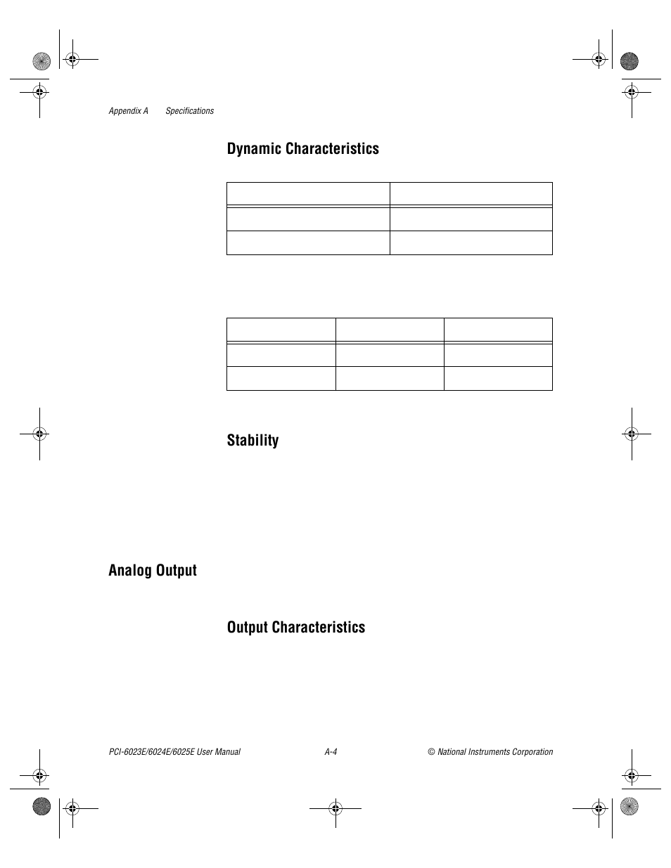 Dynamic characteristics, Stability, Analog output | Output characteristics | National Instruments PCI-6023E User Manual | Page 86 / 132