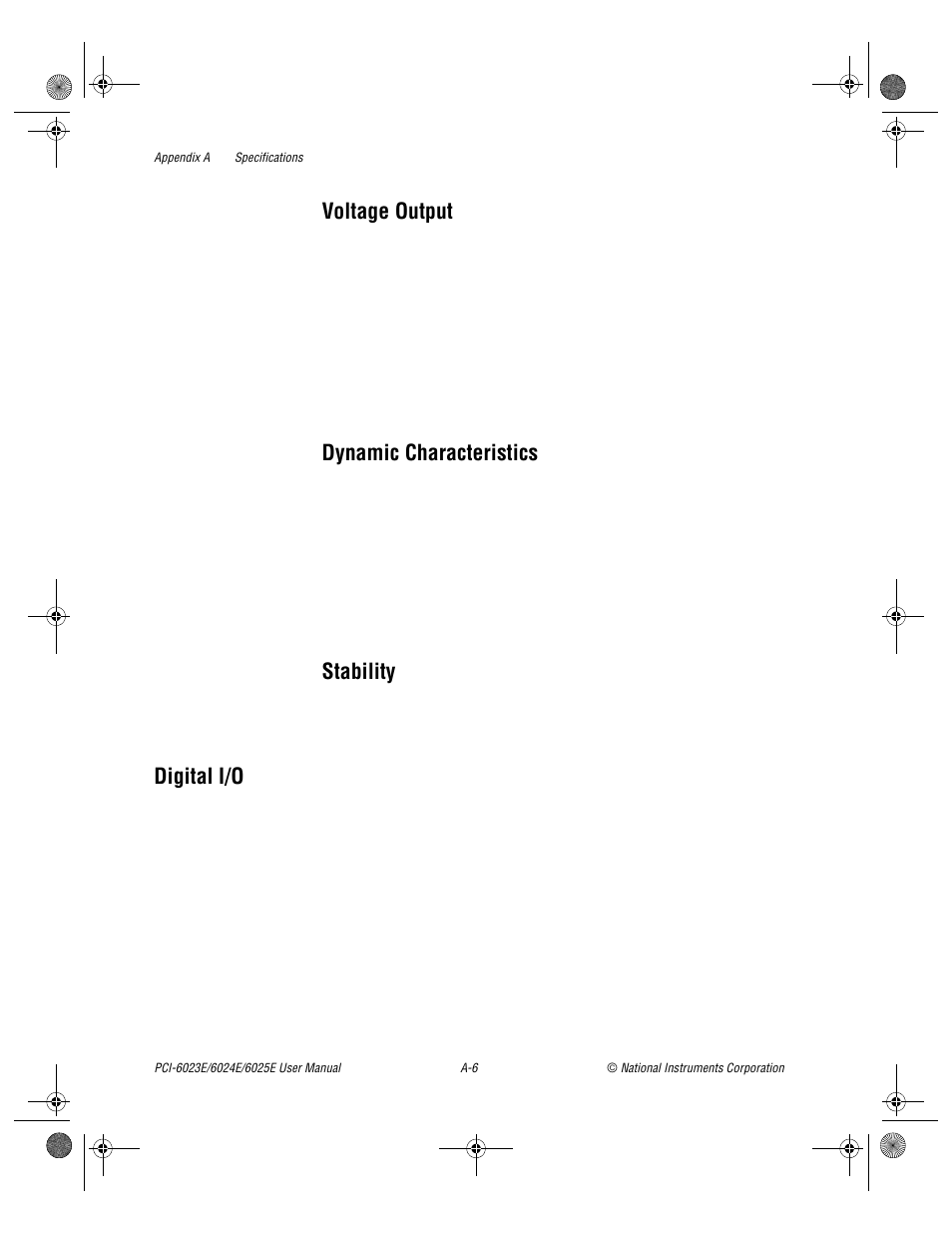 Voltage output, Dynamic characteristics, Stability | Digital i/o | National Instruments PCI-6023E User Manual | Page 88 / 132