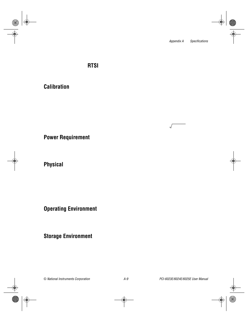Rtsi, Calibration, Power requirement | Physical, Operating environment, Storage environment | National Instruments PCI-6023E User Manual | Page 91 / 132
