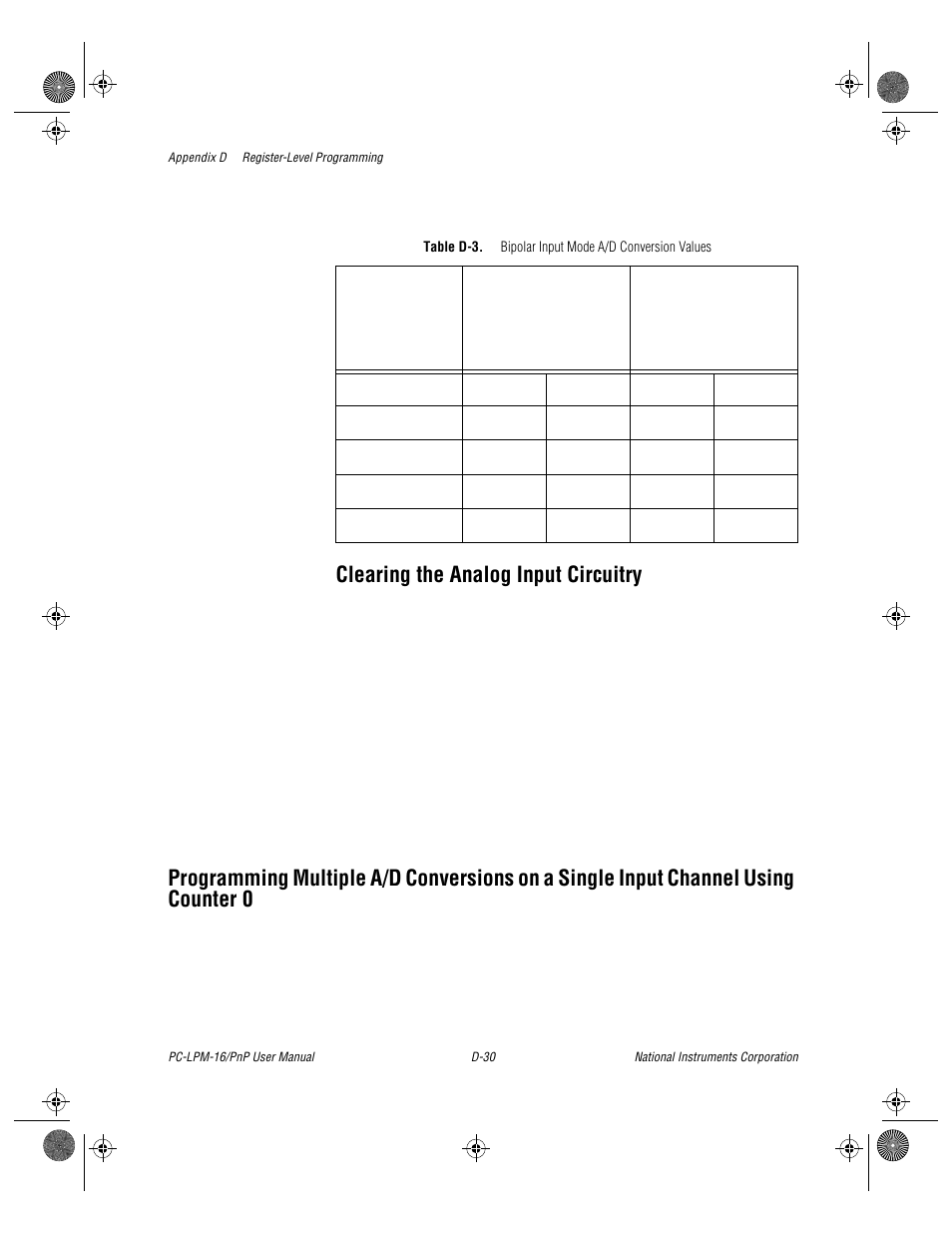 Table d-3, Clearing the analog input circuitry | National Instruments PC-LPM-16/PnP User Manual | Page 102 / 125
