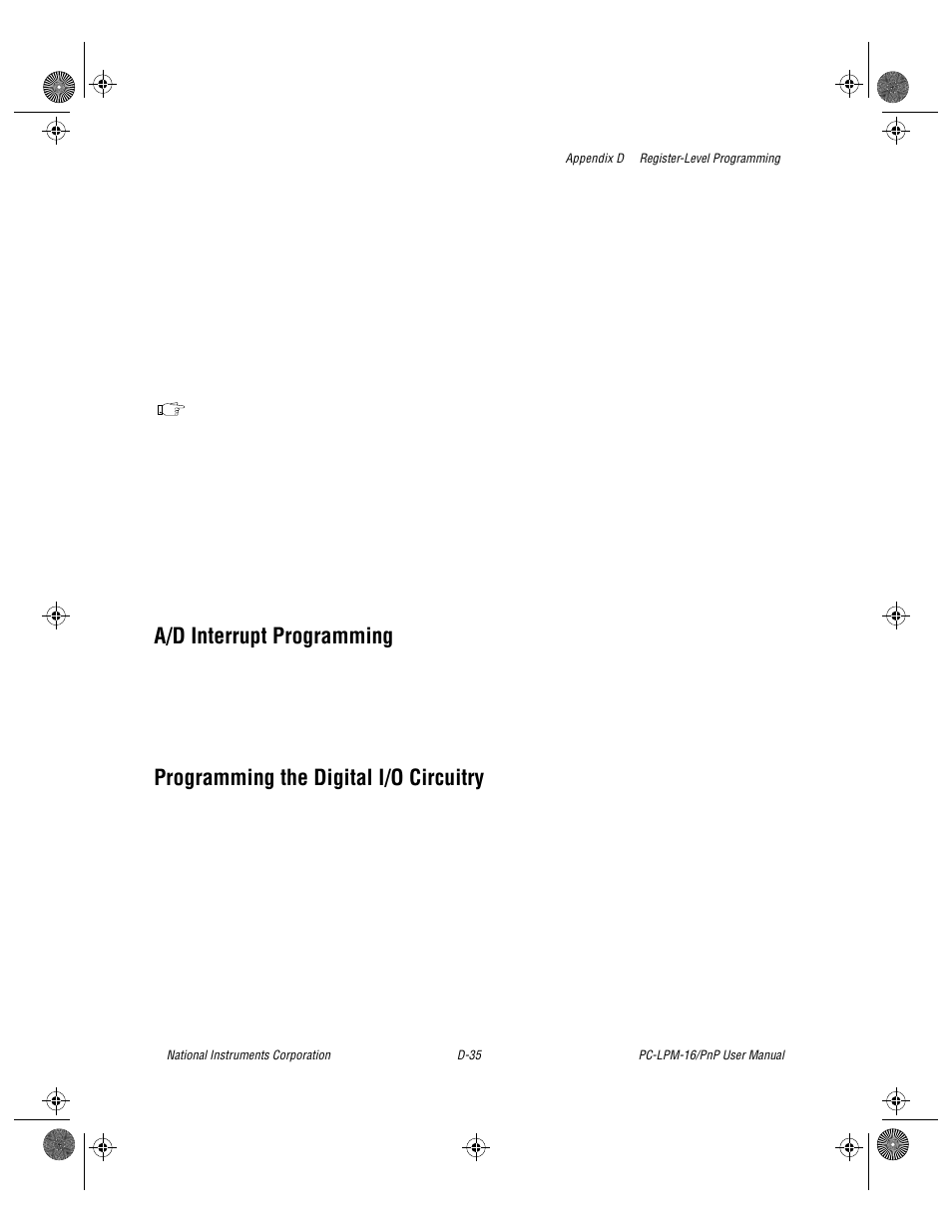 A/d interrupt programming, Programming the digital i/o circuitry | National Instruments PC-LPM-16/PnP User Manual | Page 107 / 125