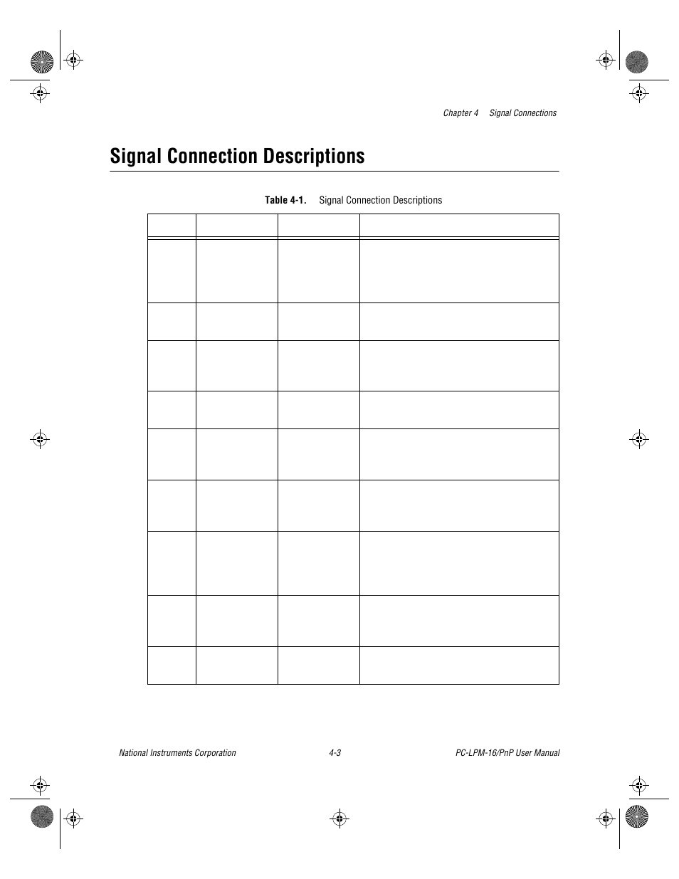 Signal connection descriptions, Table 4-1. signal connection descriptions, Signal connection descriptions -3 | Table 4-1 | National Instruments PC-LPM-16/PnP User Manual | Page 33 / 125