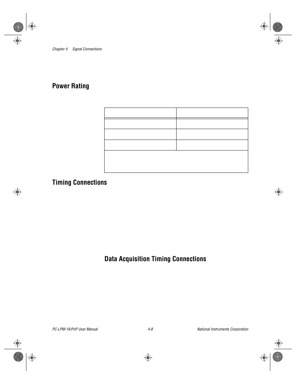 Power rating, Timing connections, Power rating -8 timing connections -8 | Data acquisition timing connections -8, Data acquisition timing connections | National Instruments PC-LPM-16/PnP User Manual | Page 38 / 125