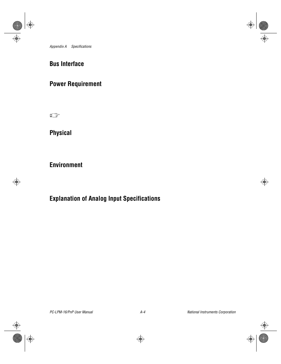 Bus interface, Power requirement, Physical | Environment, Explanation of analog input specifications | National Instruments PC-LPM-16/PnP User Manual | Page 46 / 125