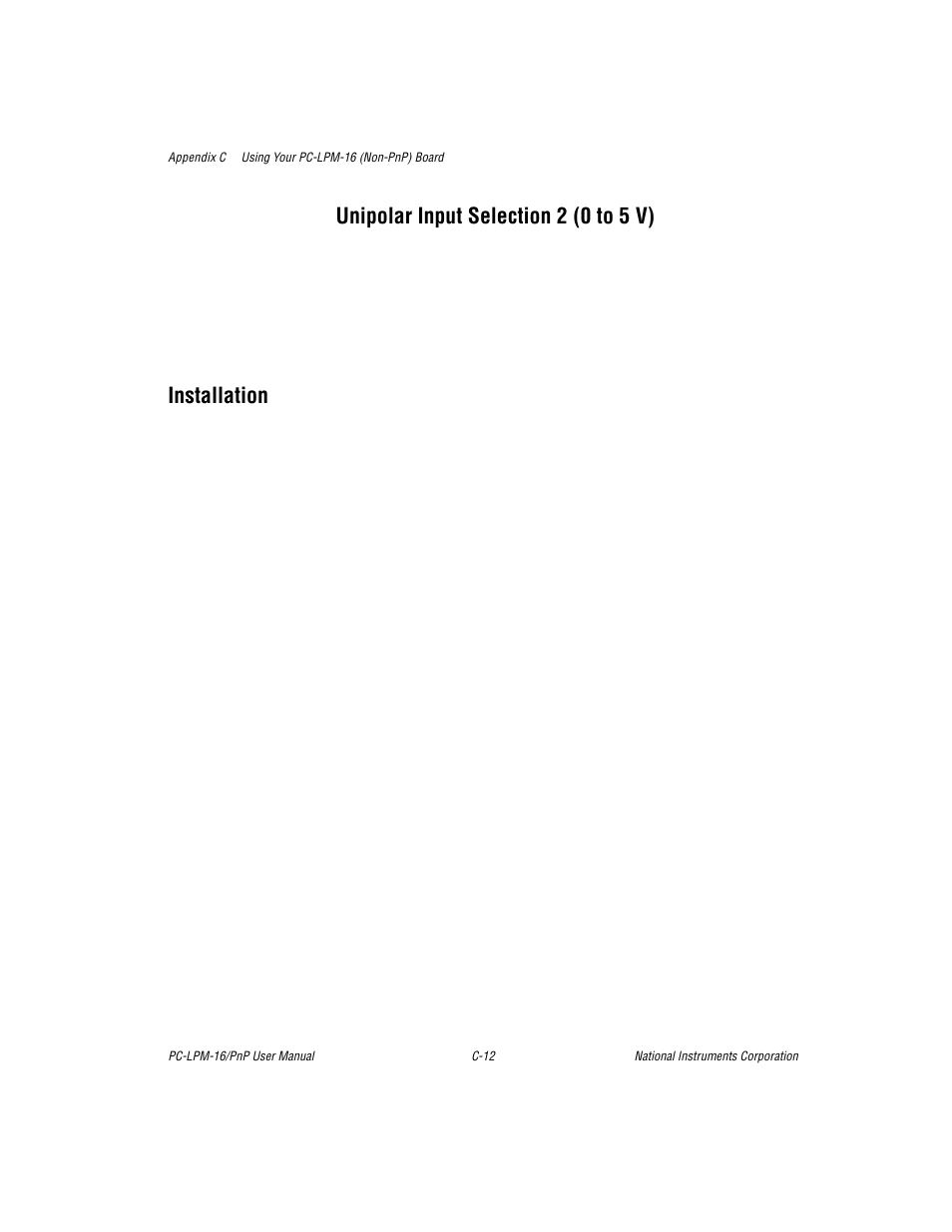 Unipolar input selection 2 (0 to 5 v), Installation | National Instruments PC-LPM-16/PnP User Manual | Page 72 / 125