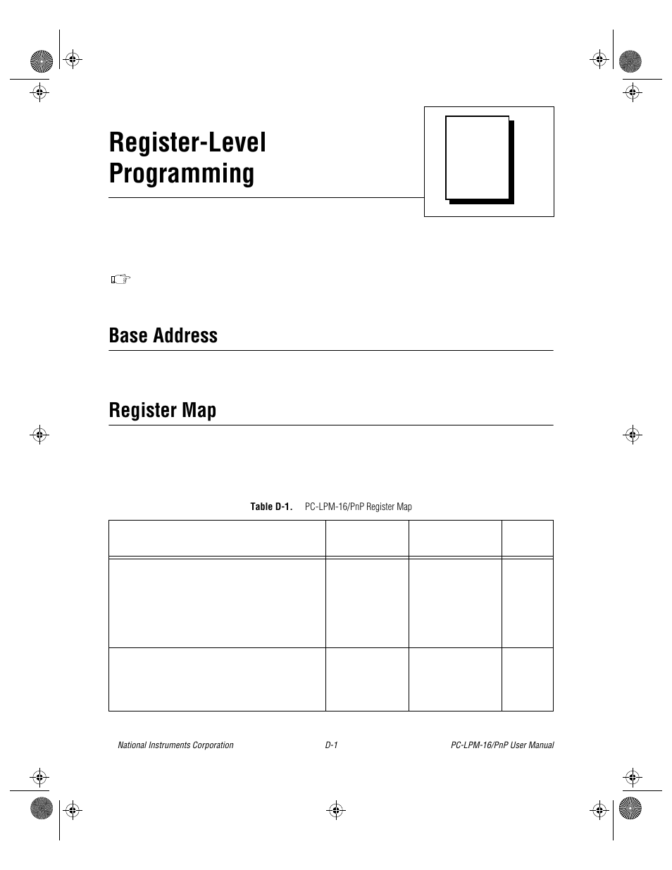 Appendix d register-level programming, Register-level programming, Base address | Register map | National Instruments PC-LPM-16/PnP User Manual | Page 73 / 125