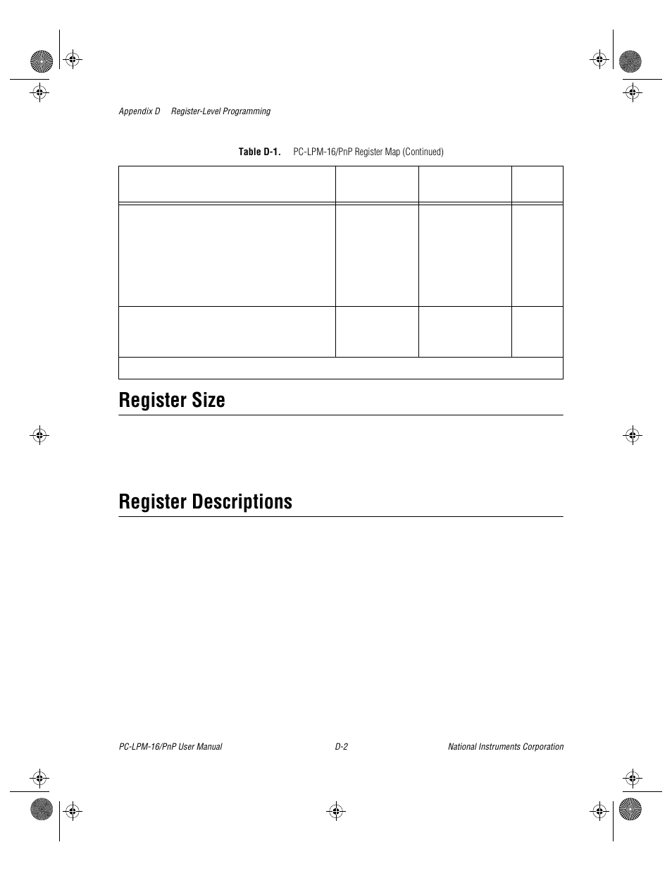 Table d-1. pc-lpm-16/pnp register map (continued), Table d-1, Register size | Register descriptions | National Instruments PC-LPM-16/PnP User Manual | Page 74 / 125