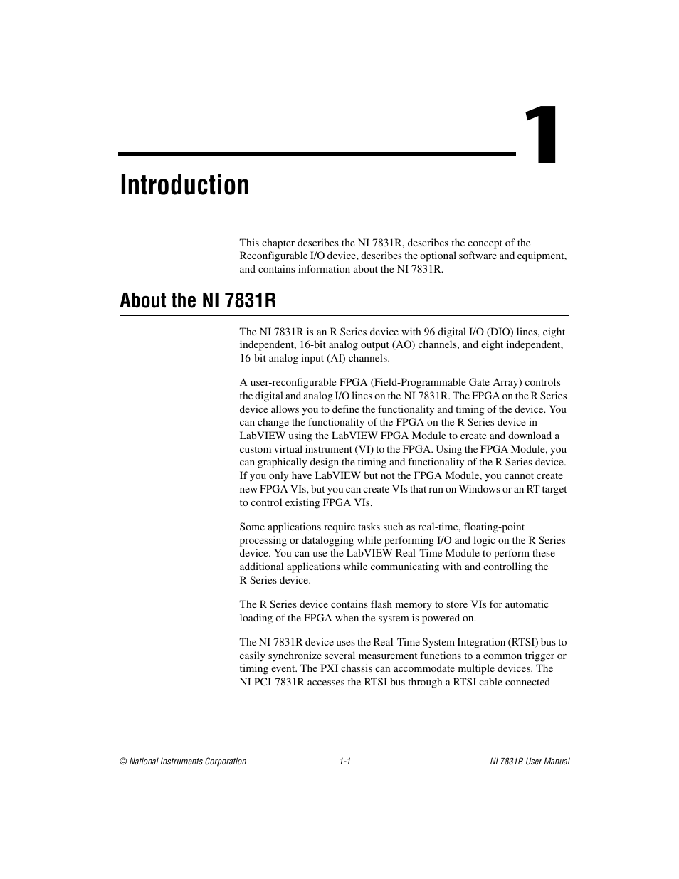 Chapter 1 introduction, About the ni 7831r, About the ni 7831r -1 | Ter 1, Introduction, For precautions to tak | National Instruments NI 7831R User Manual | Page 10 / 71