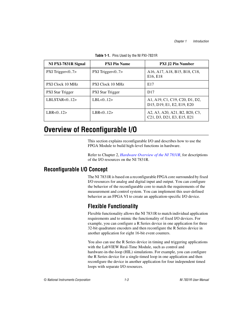 Table 1-1. pins used by the ni pxi-7831r, Overview of reconfigurable i/o, Reconfigurable i/o concept | Flexible functionality, Overview of reconfigurable i/o -3, Reconfigurable i/o concept -3, Flexible functionality -3 | National Instruments NI 7831R User Manual | Page 12 / 71