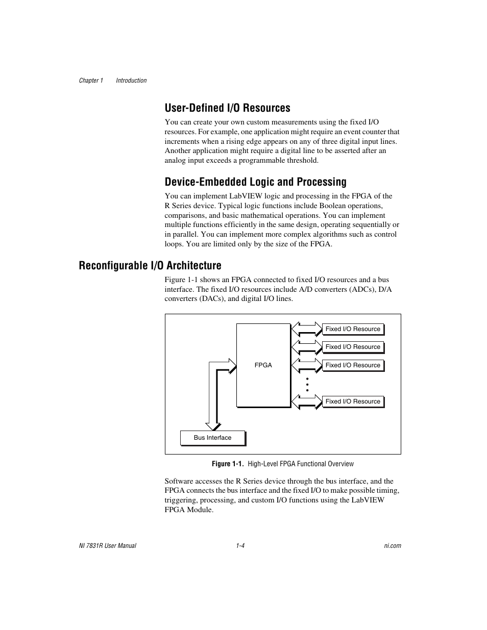 User-defined i/o resources, Device-embedded logic and processing, Reconfigurable i/o architecture | Figure 1-1. high-level fpga functional overview, Reconfigurable i/o architecture -4 | National Instruments NI 7831R User Manual | Page 13 / 71