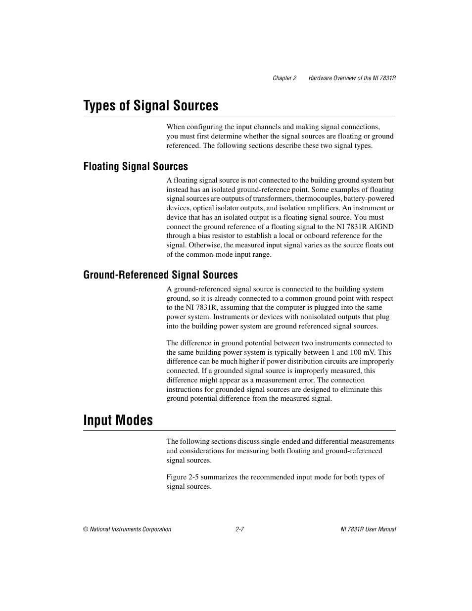 Types of signal sources, Floating signal sources, Ground-referenced signal sources | Input modes, Types of signal sources -7, Input modes -7 | National Instruments NI 7831R User Manual | Page 26 / 71