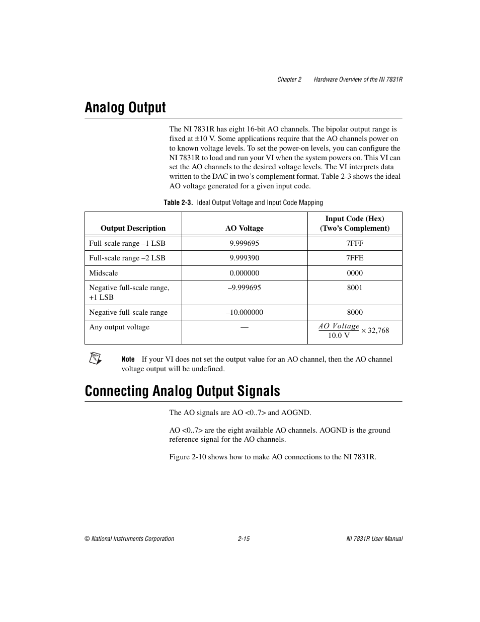 Analog output, Connecting analog output signals | National Instruments NI 7831R User Manual | Page 34 / 71