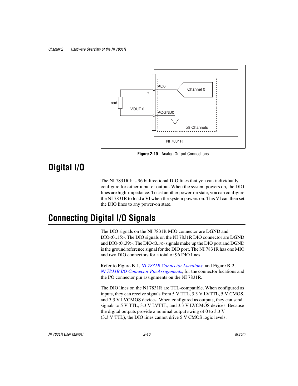Figure 2-10. analog output connections, Digital i/o, Connecting digital i/o signals | Digital i/o -16 connecting digital i/o signals -16 | National Instruments NI 7831R User Manual | Page 35 / 71