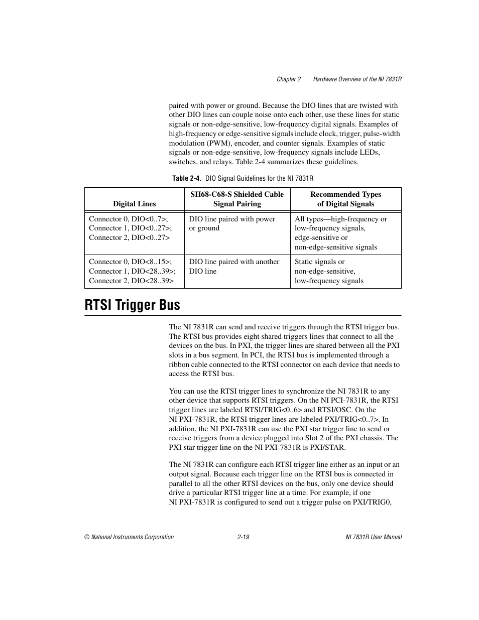 Table 2-4. dio signal guidelines for the ni 7831r, Rtsi trigger bus, Rtsi trigger bus -19 | National Instruments NI 7831R User Manual | Page 38 / 71