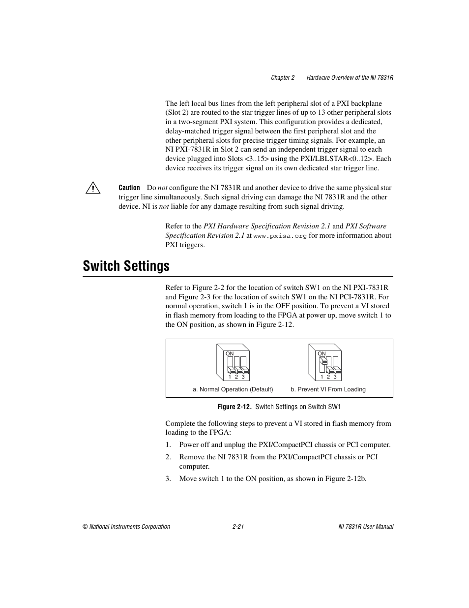 Switch settings, Figure 2-12. switch settings on switch sw1, Switch settings -21 | National Instruments NI 7831R User Manual | Page 40 / 71