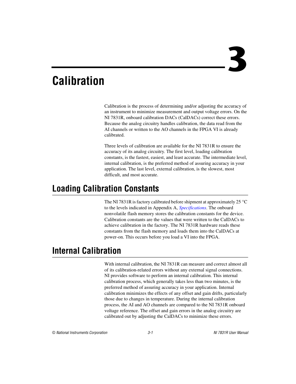 Chapter 3 calibration, Loading calibration constants, Internal calibration | Calibration | National Instruments NI 7831R User Manual | Page 43 / 71