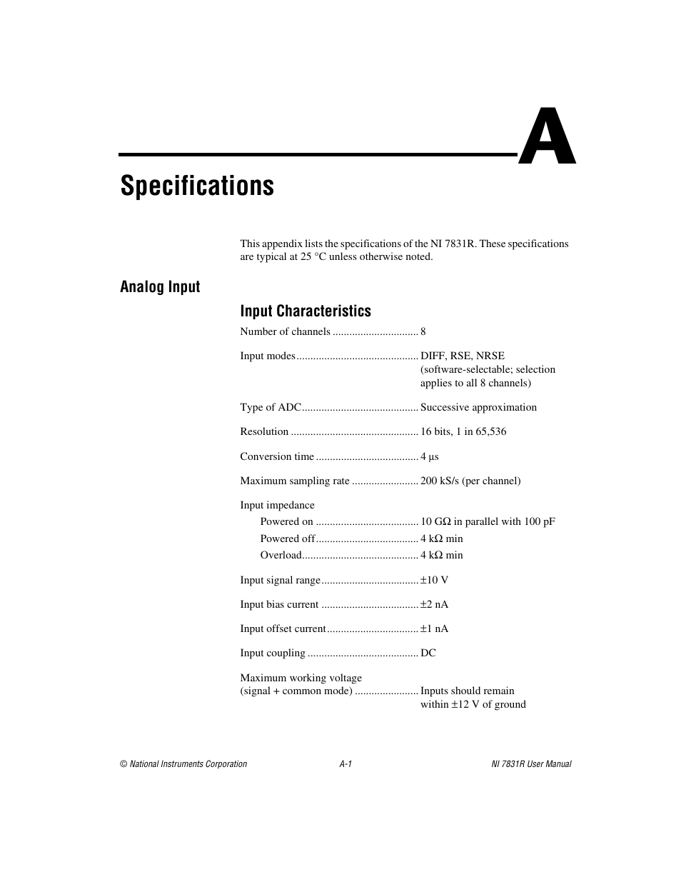 Appendix a specifications, Specifications, For det | Maximum working voltage, In appendix a | National Instruments NI 7831R User Manual | Page 45 / 71