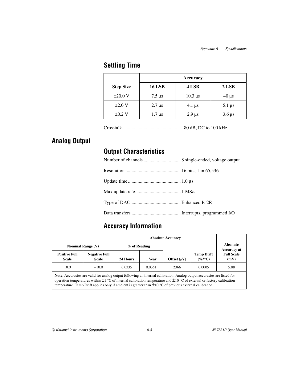 Settling time, Analog output output characteristics, Accuracy information | National Instruments NI 7831R User Manual | Page 47 / 71