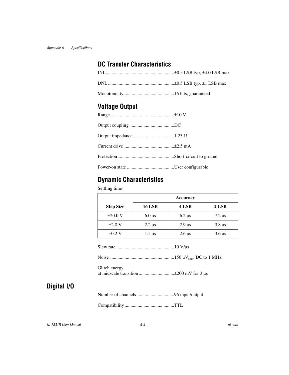 Dc transfer characteristics, Voltage output, Dynamic characteristics | Digital i/o | National Instruments NI 7831R User Manual | Page 48 / 71