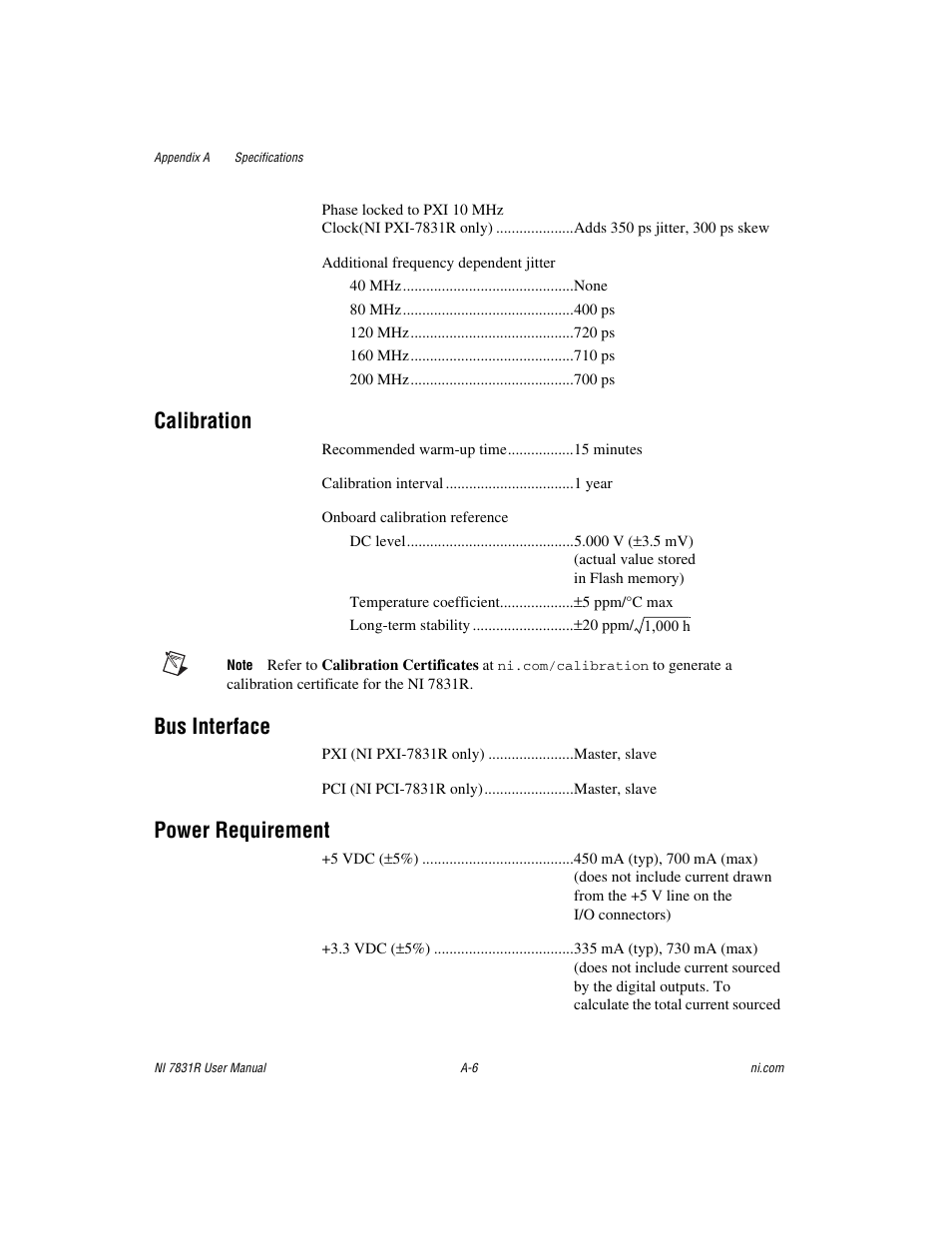 Calibration, Bus interface, Power requirement | National Instruments NI 7831R User Manual | Page 50 / 71