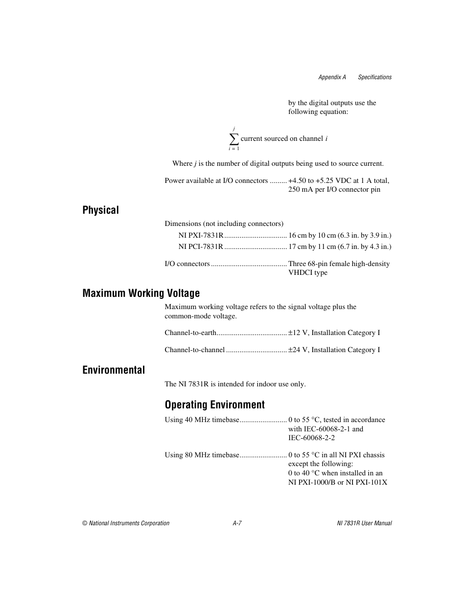 Physical, Maximum working voltage, Environmental | Operating environment | National Instruments NI 7831R User Manual | Page 51 / 71