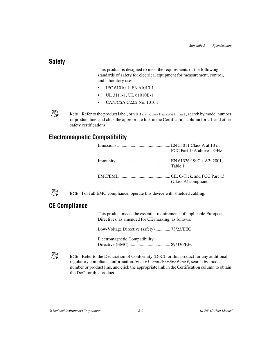 Safety, Electromagnetic compatibility, Ce compliance | National Instruments NI 7831R User Manual | Page 53 / 71