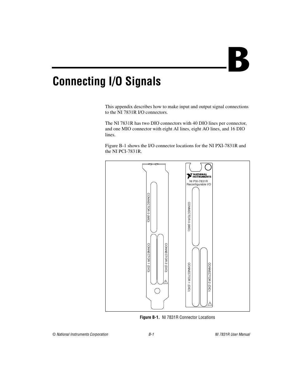 Appendix b connecting i/o signals, Figure b-1. ni 7831r connector locations, Ix b | Connecting i/o signals, Ni 7831r connector locations | National Instruments NI 7831R User Manual | Page 54 / 71