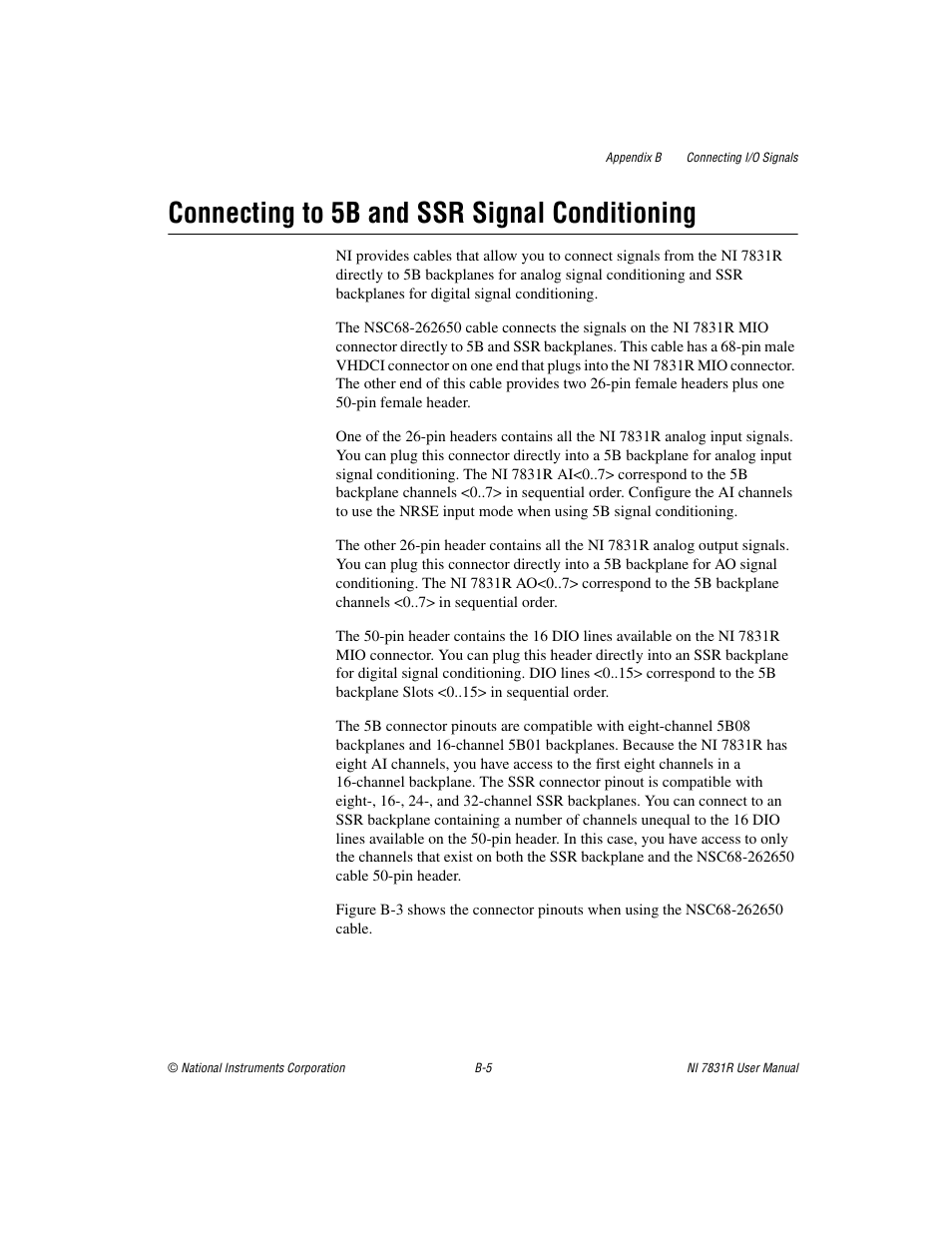 Connecting to 5b and ssr signal conditioning | National Instruments NI 7831R User Manual | Page 58 / 71