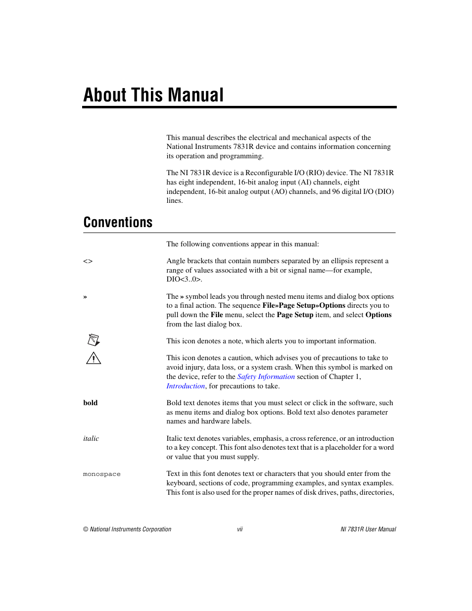 About this manual, Conventions | National Instruments NI 7831R User Manual | Page 7 / 71