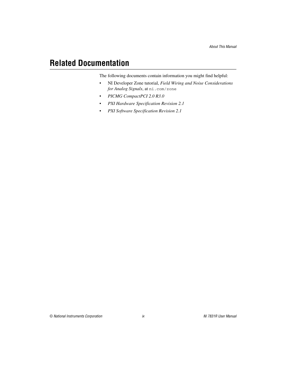 Related documentation | National Instruments NI 7831R User Manual | Page 9 / 71