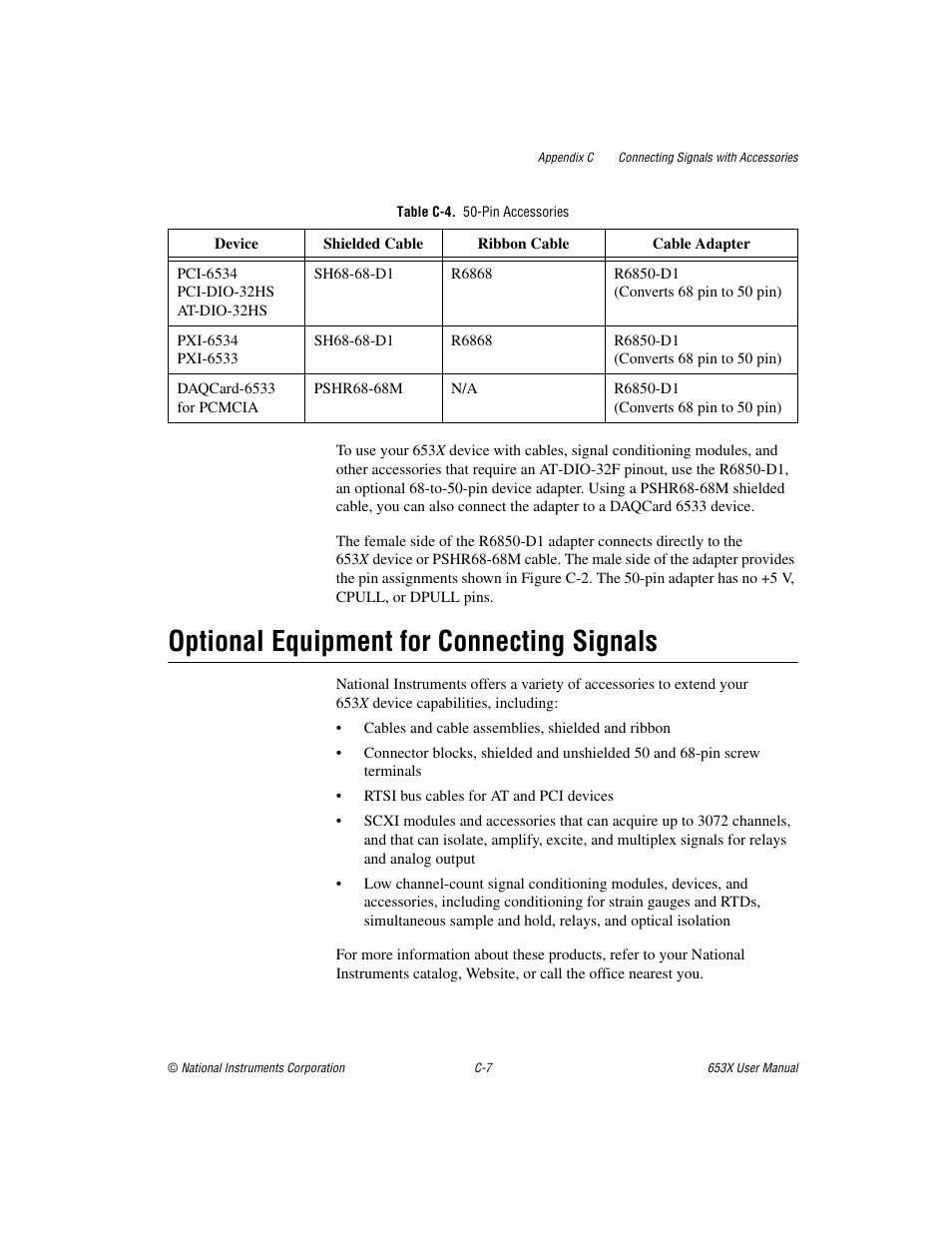 Table c-4. 50-pin accessories, Optional equipment for connecting signals | National Instruments 653X User Manual | Page 104 / 147