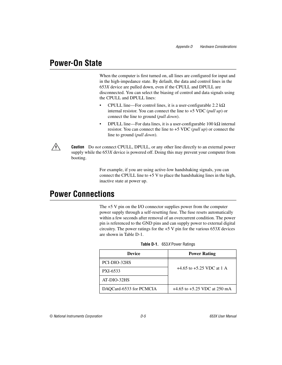 Power-on state, Power connections, Table d-1. 653x power ratings | National Instruments 653X User Manual | Page 109 / 147