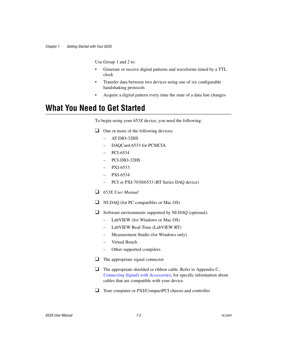 What you need to get started, What you need to get started -2 | National Instruments 653X User Manual | Page 11 / 147