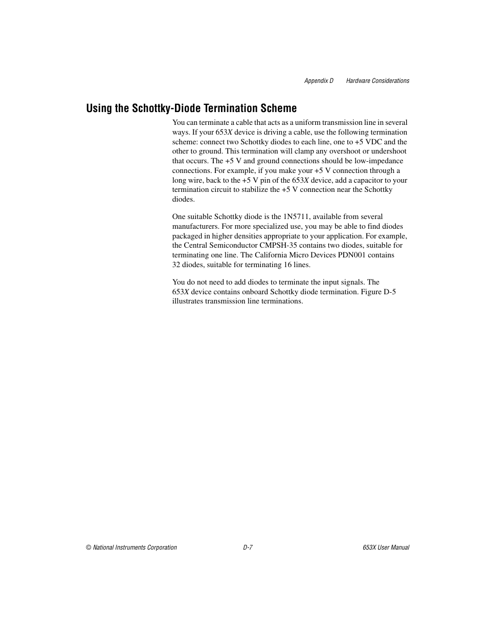 Using the schottky-diode termination scheme | National Instruments 653X User Manual | Page 111 / 147