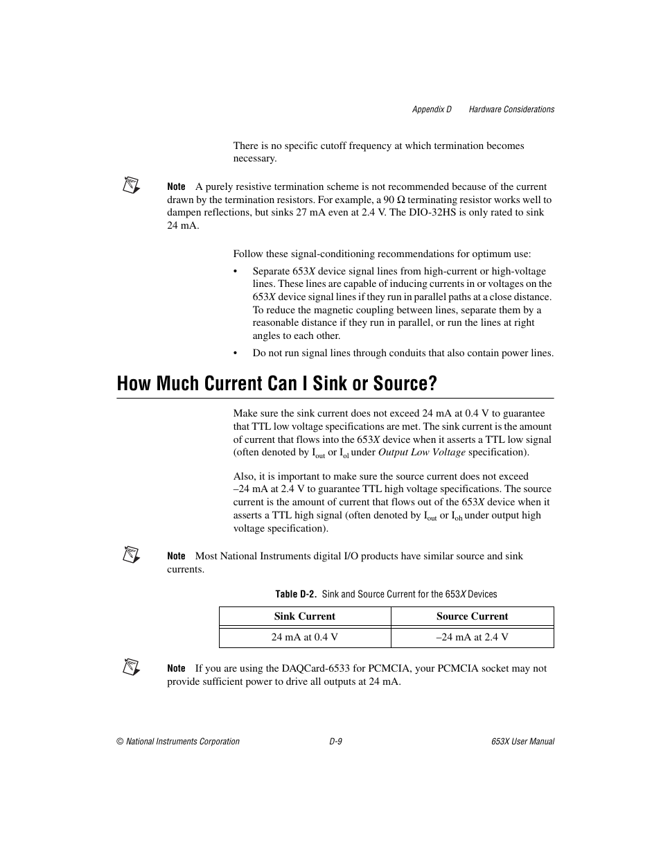 How much current can i sink or source | National Instruments 653X User Manual | Page 113 / 147