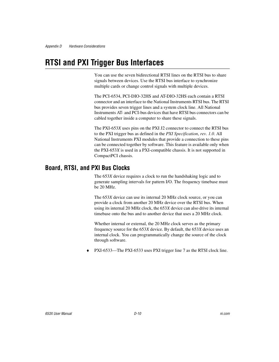 Rtsi and pxi trigger bus interfaces, Board, rtsi, and pxi bus clocks | National Instruments 653X User Manual | Page 114 / 147