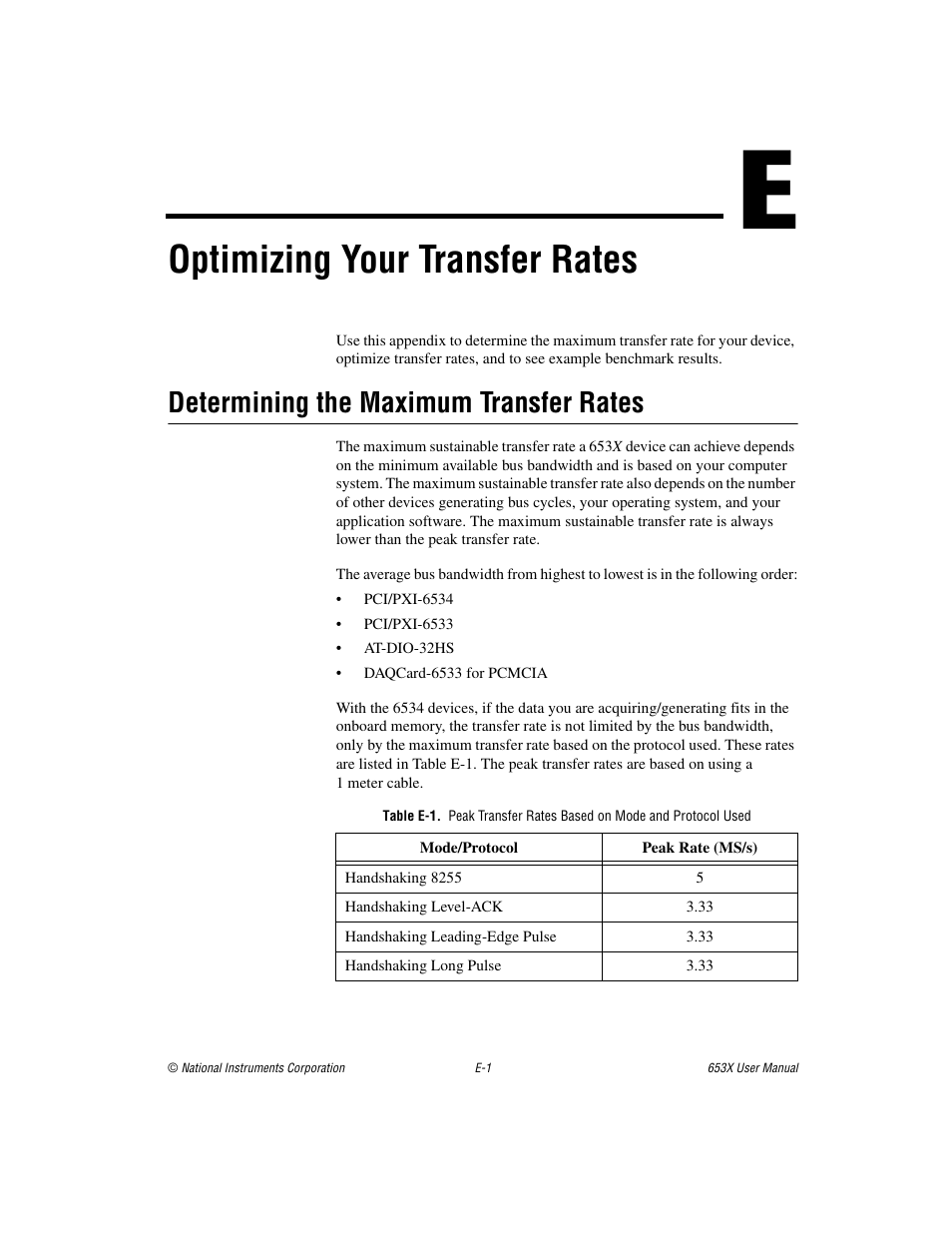 Appendix e optimizing your transfer rates, Determining the maximum transfer rates, Optimizing your transfer rates | National Instruments 653X User Manual | Page 116 / 147