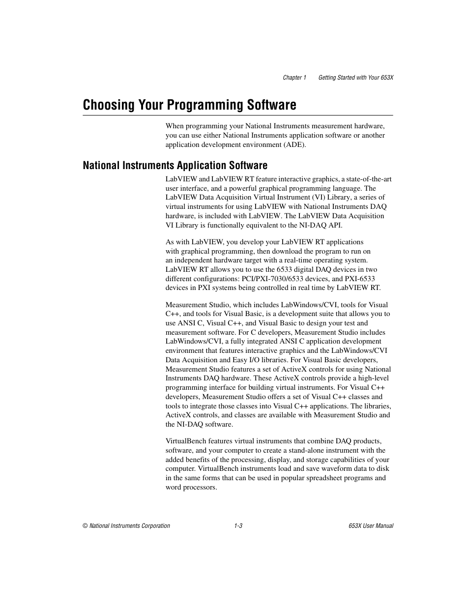 Choosing your programming software, National instruments application software, Choosing your programming software -3 | National instruments application software -3 | National Instruments 653X User Manual | Page 12 / 147
