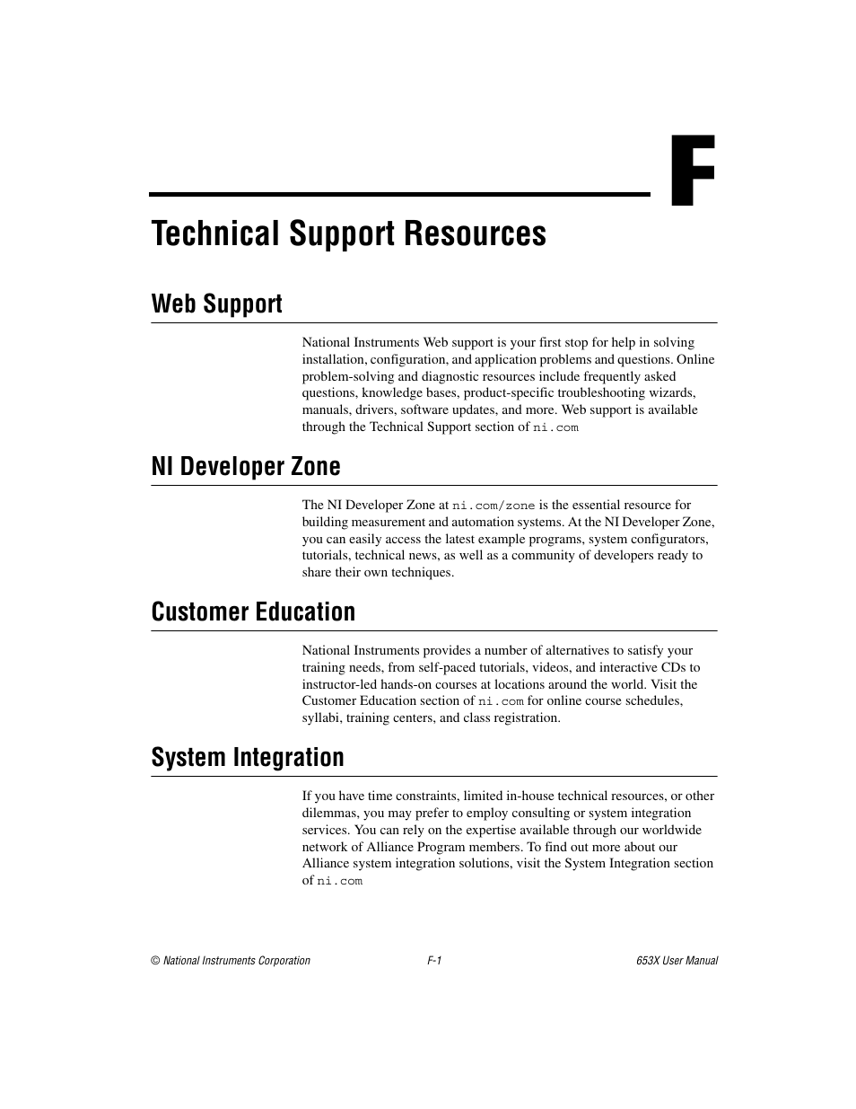 Appendix f technical support resources, Technical support resources, Web support | Ni developer zone, Customer education, System integration | National Instruments 653X User Manual | Page 125 / 147