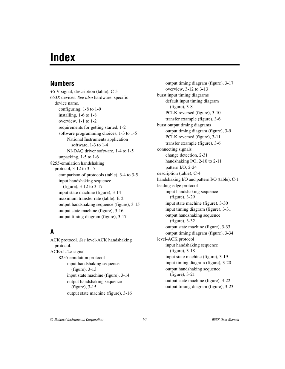 Index, Numbers | National Instruments 653X User Manual | Page 136 / 147