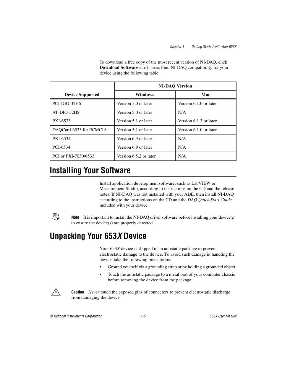 Installing your software, Unpacking your 653xdevice, Unpacking your 653 x device | National Instruments 653X User Manual | Page 14 / 147