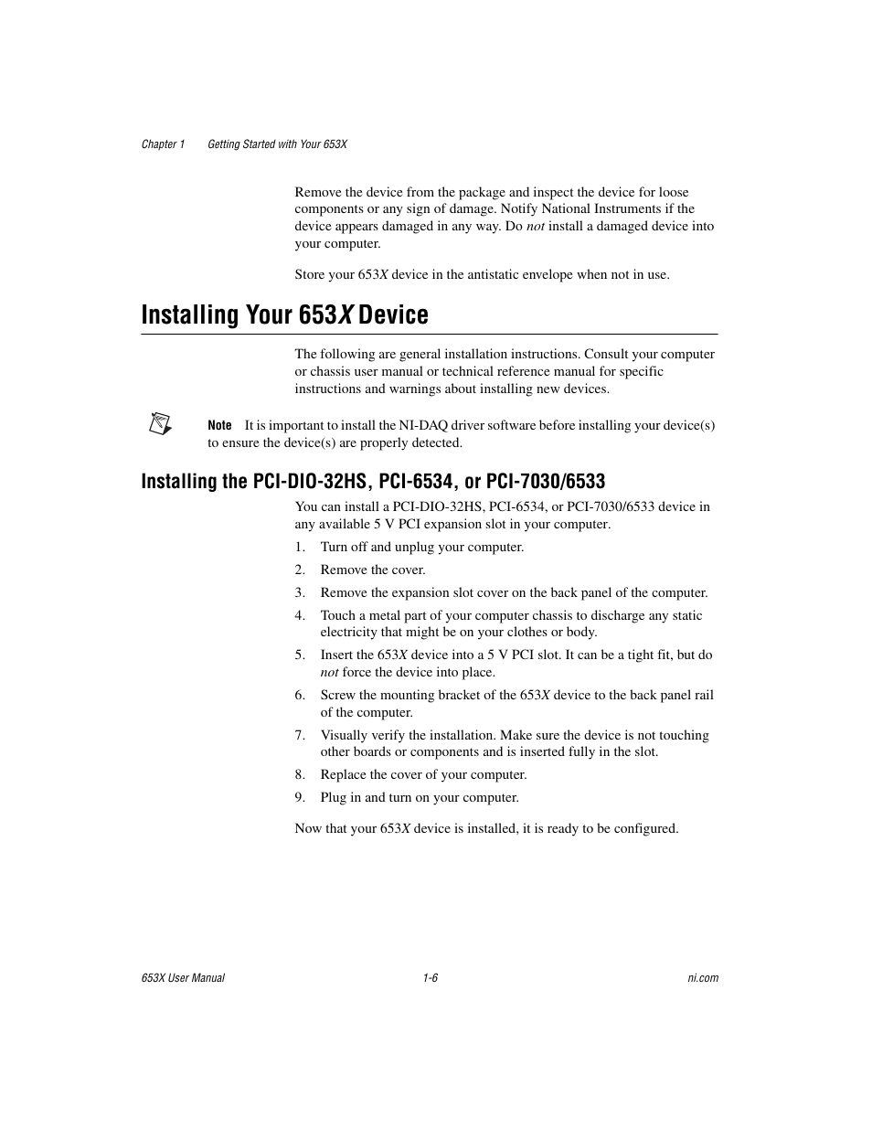 Installing your 653xdevice, Installing your 653 x device -6, Installing your 653 x device | National Instruments 653X User Manual | Page 15 / 147