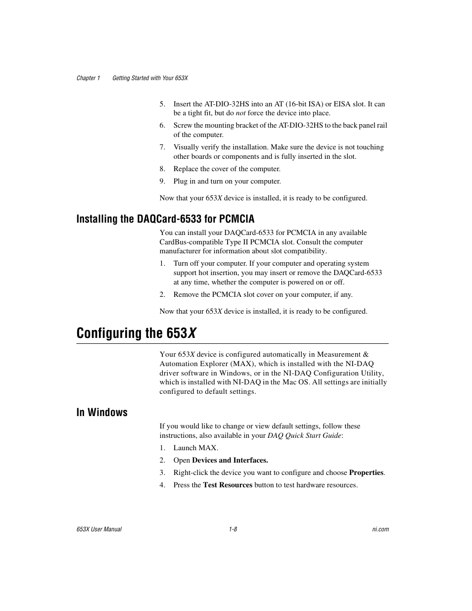 Installing the daqcard-6533 for pcmcia, Configuring the 653x, In windows | Installing the daqcard-6533 for pcmcia -8, Configuring the 653 x -8, In windows -8, Configuring the 653 x | National Instruments 653X User Manual | Page 17 / 147