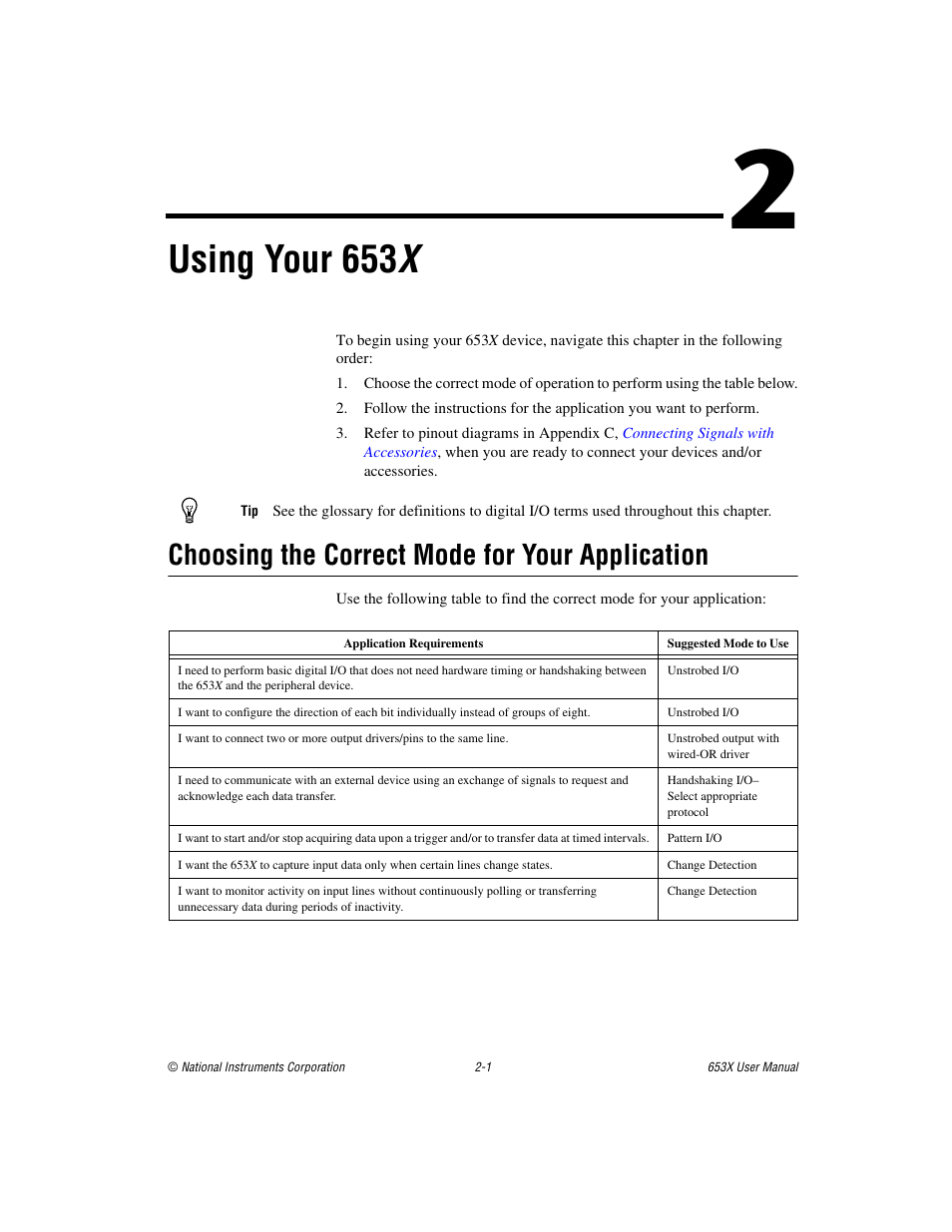 Chapter 2 using your 653x, Choosing the correct mode for your application, Chapter 2 using your 653 x | Choosing the correct mode for your application -1, Using your 653 x | National Instruments 653X User Manual | Page 19 / 147