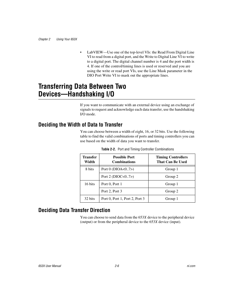 Deciding the width of data to transfer, Table 2-2. port and timing controller combinations, Deciding data transfer direction | National Instruments 653X User Manual | Page 24 / 147