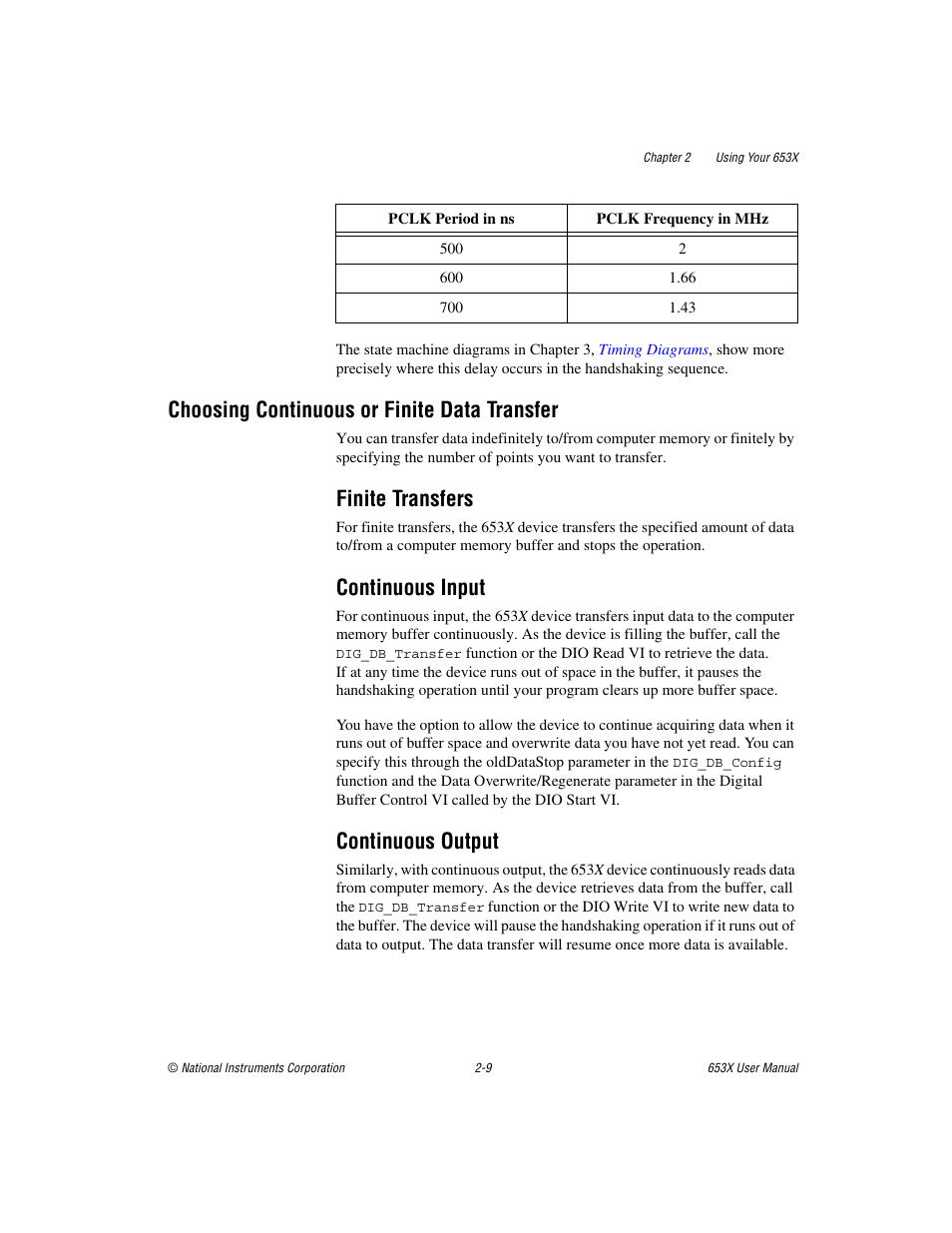 Choosing continuous or finite data transfer, Finite transfers, Continuous input | Continuous output, Choosing continuous or finite data transfer -9 | National Instruments 653X User Manual | Page 27 / 147