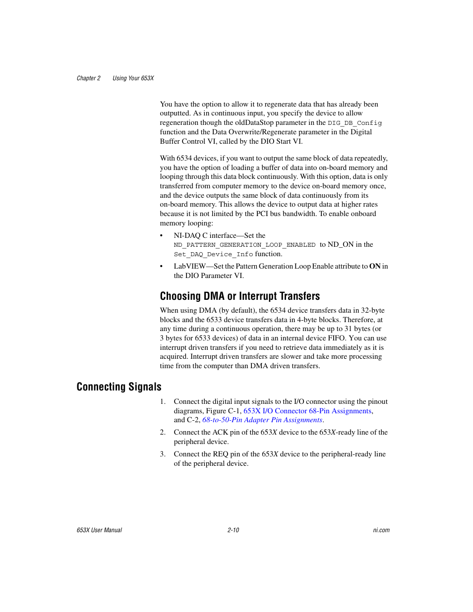 Choosing dma or interrupt transfers, Connecting signals, Choosing dma or interrupt transfers -10 | Connecting signals -10 | National Instruments 653X User Manual | Page 28 / 147