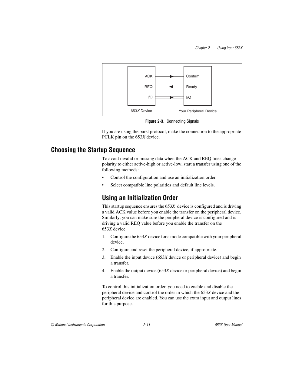 Figure 2-3. connecting signals, Choosing the startup sequence, Using an initialization order | Choosing the startup sequence -11, Using an initialization order -11 | National Instruments 653X User Manual | Page 29 / 147